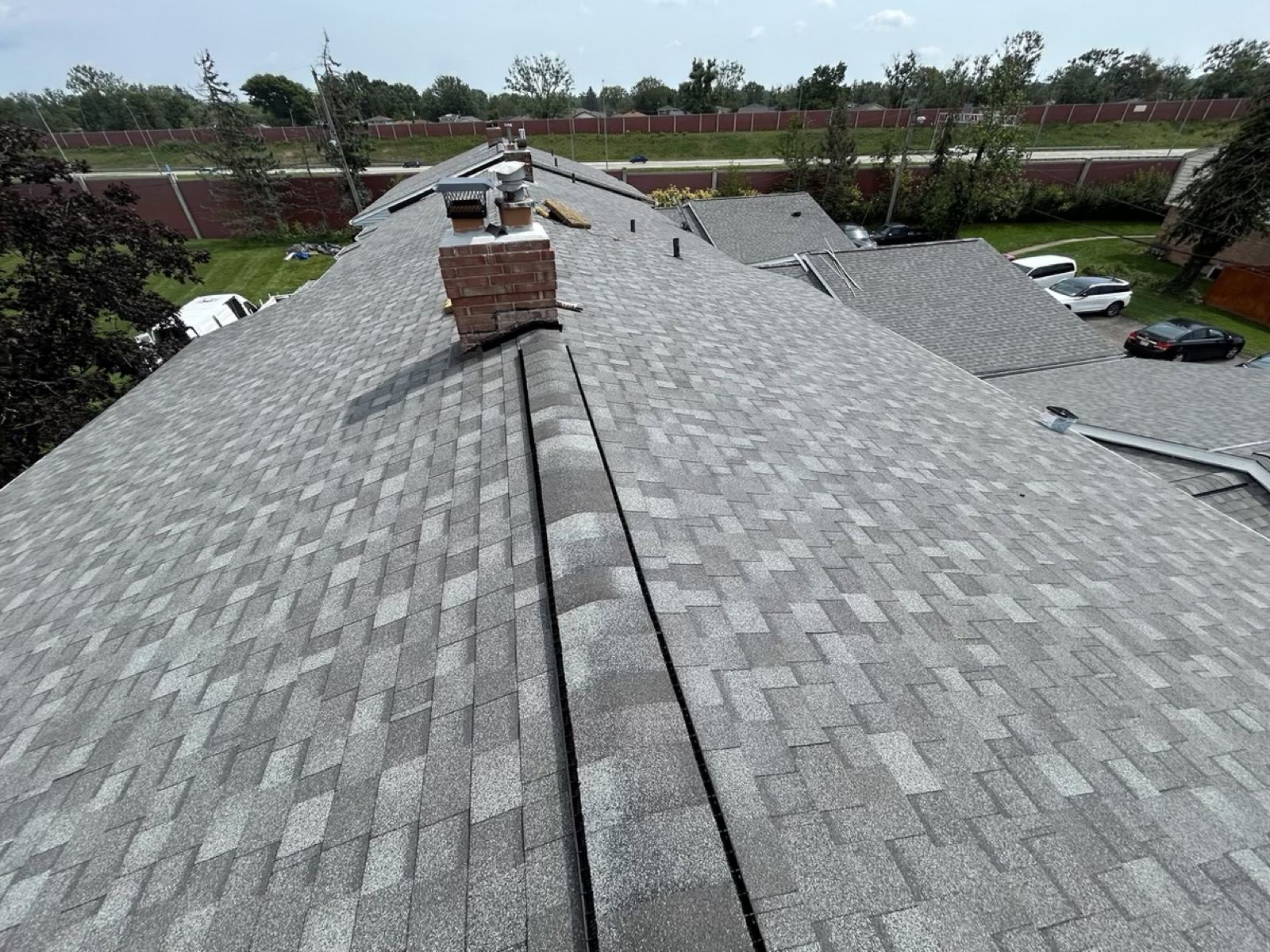 New gray shingles along the ridge